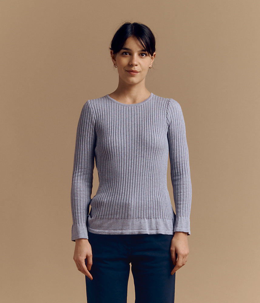 Pull maille côtes en laine Mérinos et viscose ARIA/84163/912